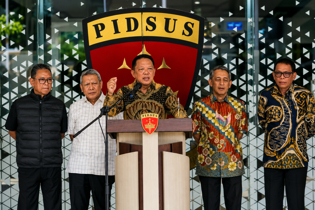 Jaksa Agung Muda Tindak Pidana Khusus (Jampidsus) Kejaksaan Agung Febrie Adriansyah (tengah) menyampaikan keterangan saat konferensi pers di Kejaksaan Agung, Jakarta, Jumat (10/7/2026). Dalam keterangannya, Febrie mengatakan tetap menghormati setiap proses penegakan hukum yang dilakukan aparat penegak hukum yang sesuai dengan ketentuan hukum acara yang berlaku serta menegaskan hingga saat ini dirinya masih menjalankan tugas dan Jampidsus tetap fokus untuk penyelesaian pemberkasan perkara khususnya yang menjadi perhatian publik. (FOTO KompasTV)