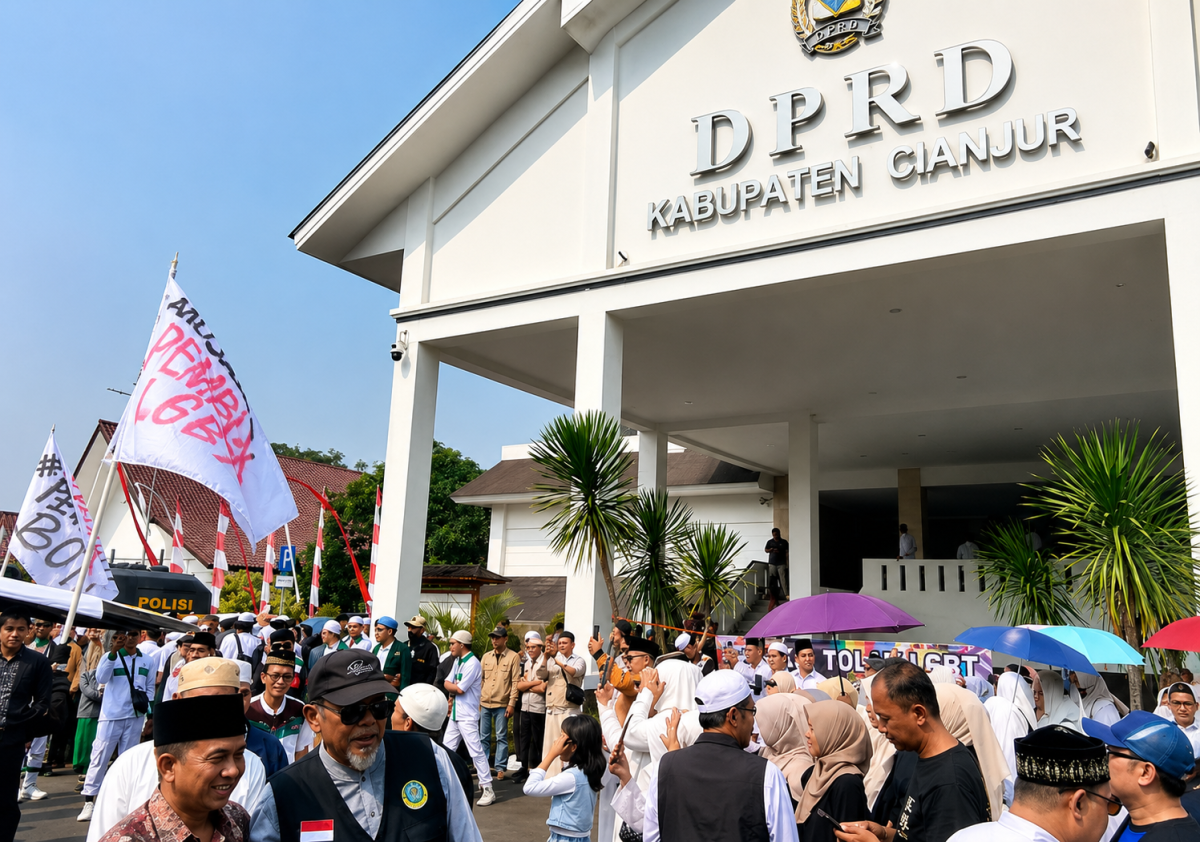 Massa yang tergabung dalam perwakilan ulama, tokoh masyarakat, dan pimpinan pon- dok pesantren, mendatangi Kantor DPRD Kabupaten Cianjur untuk menyampaikan aspirasi terkait penanganan dan pencegahan aktivitas penyebaran LGBT di Kabupaten Cianjur, Kamis (6/8/2026).