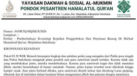 Tangkapan layar surat pengurus ponpes Hamatul Qur'an terkait kronologi penggerebekan dan kekerasan di pondok pesantren putri (AFU.id)
